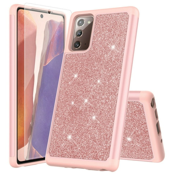 for Samsung Galaxy Note 20 Phone Case Glitter Shock proof Edge Scratch Shield Hybrid Layers Slim Bumper Cover (Rose Gold)
