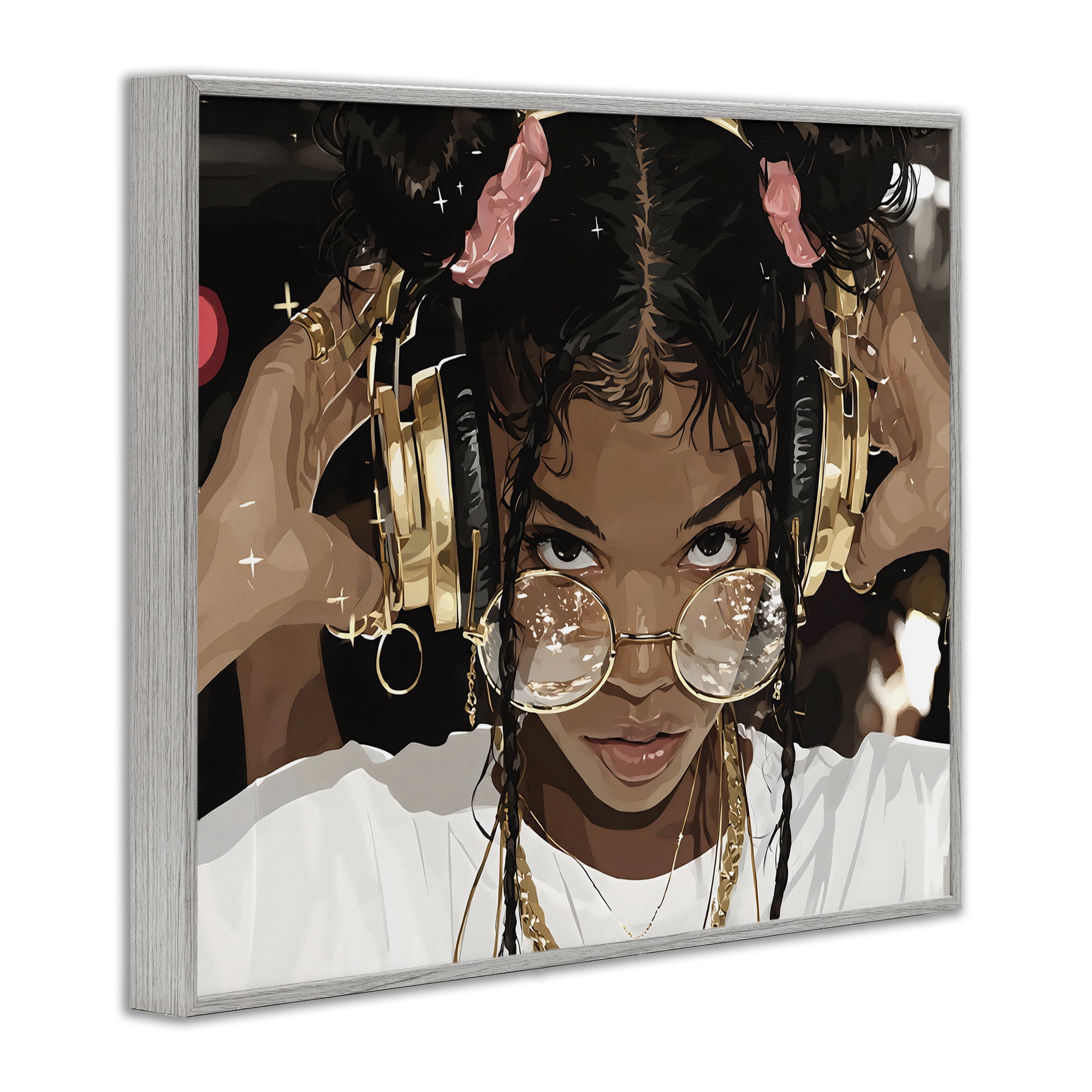 Stupell Industries Trendy Girl with Gold Headphones Gray Framed Giclee Art, design by Franklyn Gregory