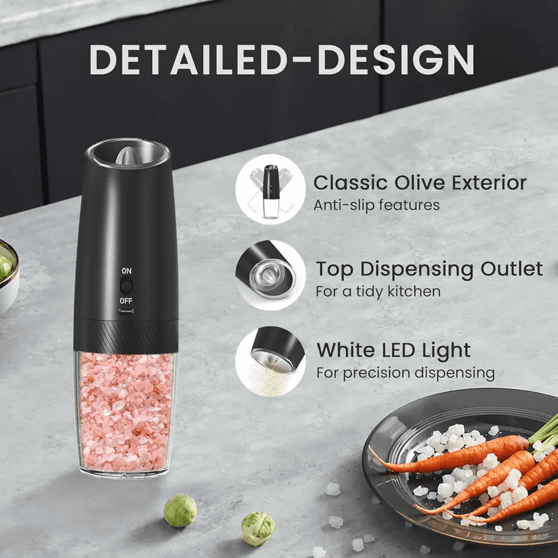 Rechargeable Electric Pepper Mill and Salt Grinder Set - 2-Pack Adjustable Coarseness, ABS Material, Black for Kitchen & Cooking