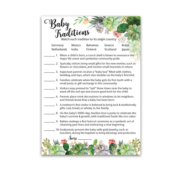 SUCCULENTS Baby Shower Games — Baby Traditions around the World Game — Pack of 25 — Greenery Baby Shower Activity, Succulent Fun Baby Facts Trivia, Rustic Gender Neutral, Reveal Party G300-BTW