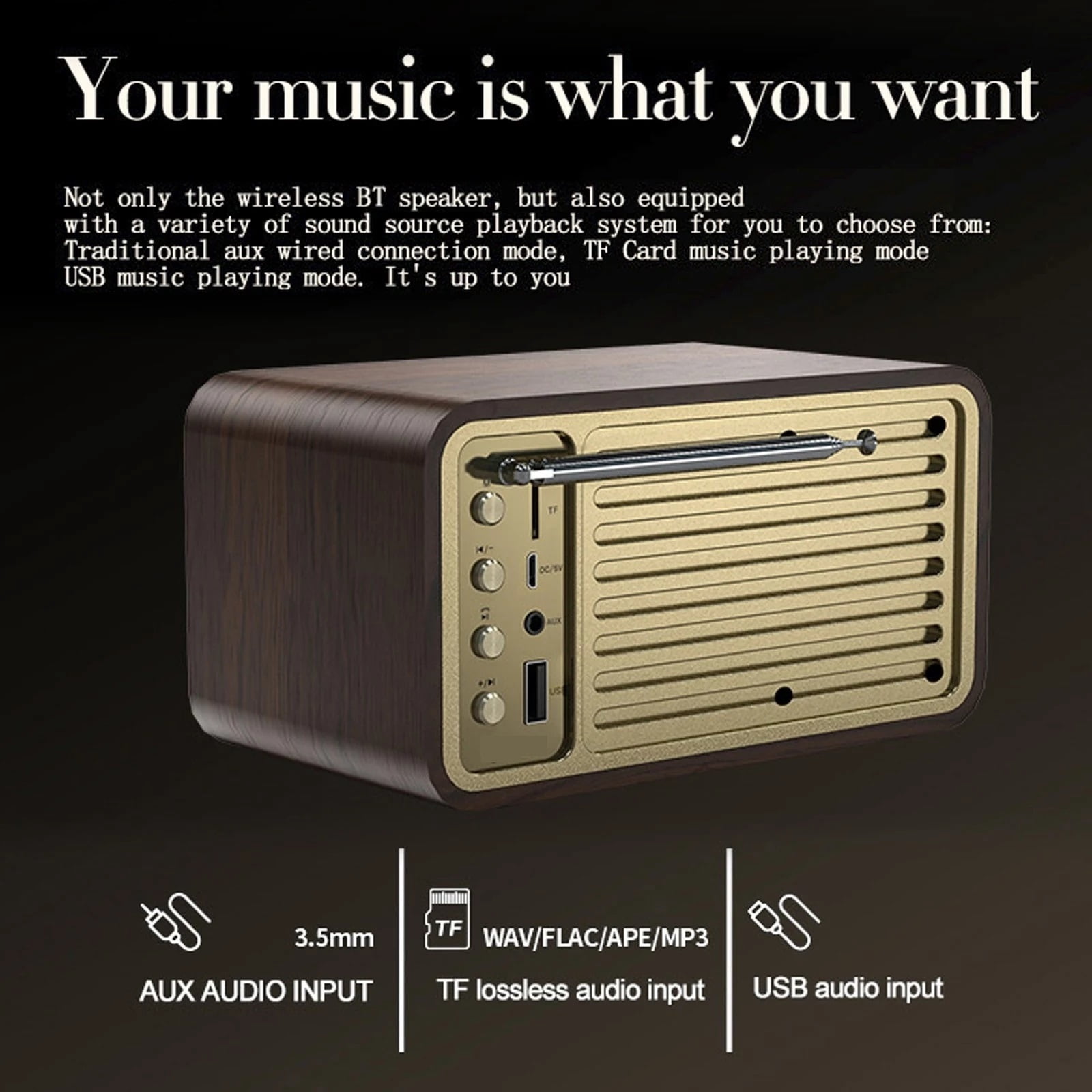 Wooden Retro Classic Soundbox Bluetooth-Compatible 5.0 Stereo Speaker Surround Super Bass Subwoofer Radio For Computer