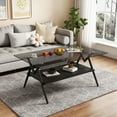 thumbnail image 5 of Oufan Rectangle Coffee Table, Mid Century 2 Tier Coffee Table with Tempered Glass Top & Wood Storage Shelf, Metal Frame,Accent Table for Living Room, 5 of 10
