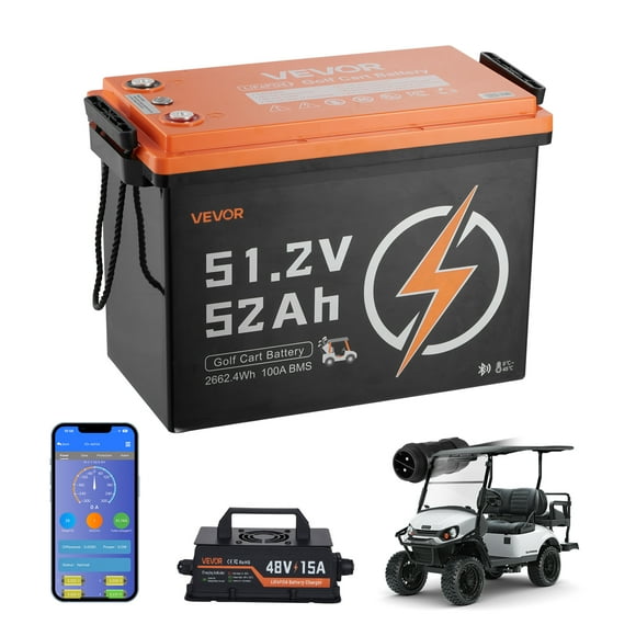 VEVOR 48V (51.2V) 52AH Lithium Golf Cart Battery, with 15A Charger, Lifepo4 Battery Kit, Built-in 100A BMS, 4000 Cycles, 2C Discharge Rate, Bluetooth & Mobile APP