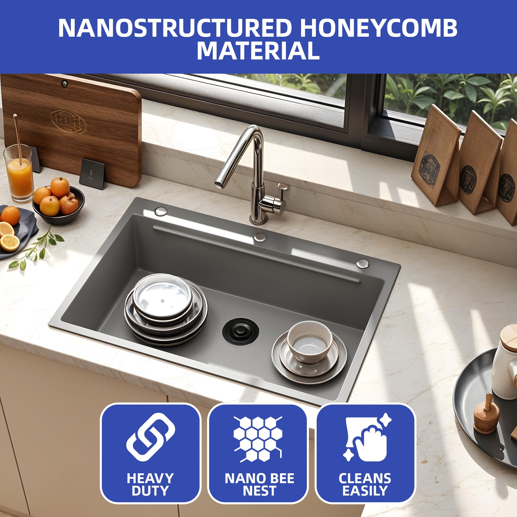 ModFusion 33″ Single Bowl Gunmetal Workstation Kitchen Sink, Drop-In Nano Stainless Steel, Drain Kit, 2.7'x1.8' ft Ledge Accessories, Wood Cutting Board, Gray