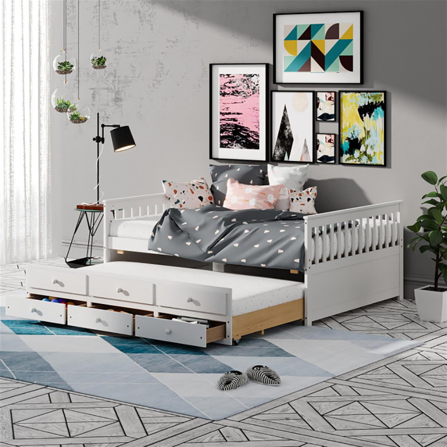 Demi Bonn Full Size Wood Daybed Frame with Trundle Bed and 3 Storage Drawers, Modern Bed Frame for Teens, White