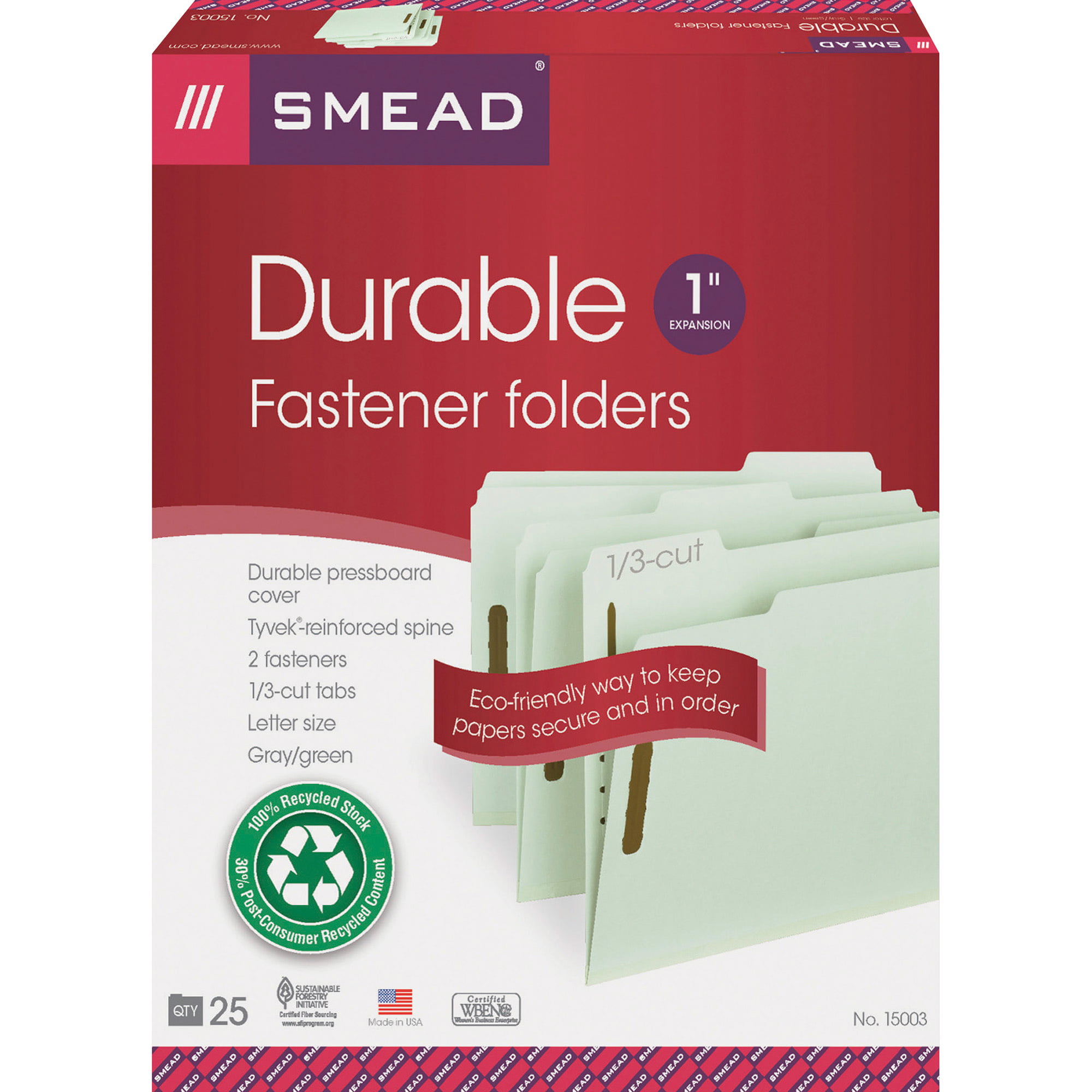 Smead 100% Recycled Pressboard Fastener File Folder, 1/3-Cut Tab, 1
