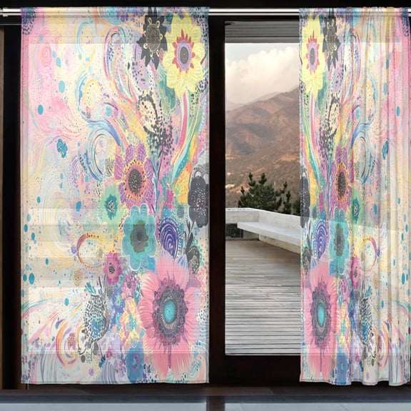 YAZAOO Curtains 110/118 Inch Long French Curtains Colorful Botanical Explosion Print For Farmhouse Bedroom Curtains Window Curtain Set 2