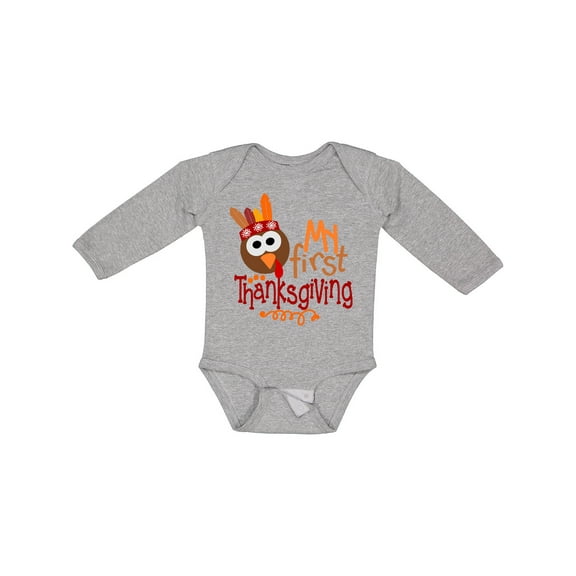 Inktastic My 1st Thanksgiving Cute Turkey with Feathers Boys or Girls Long Sleeve Baby Bodysuit