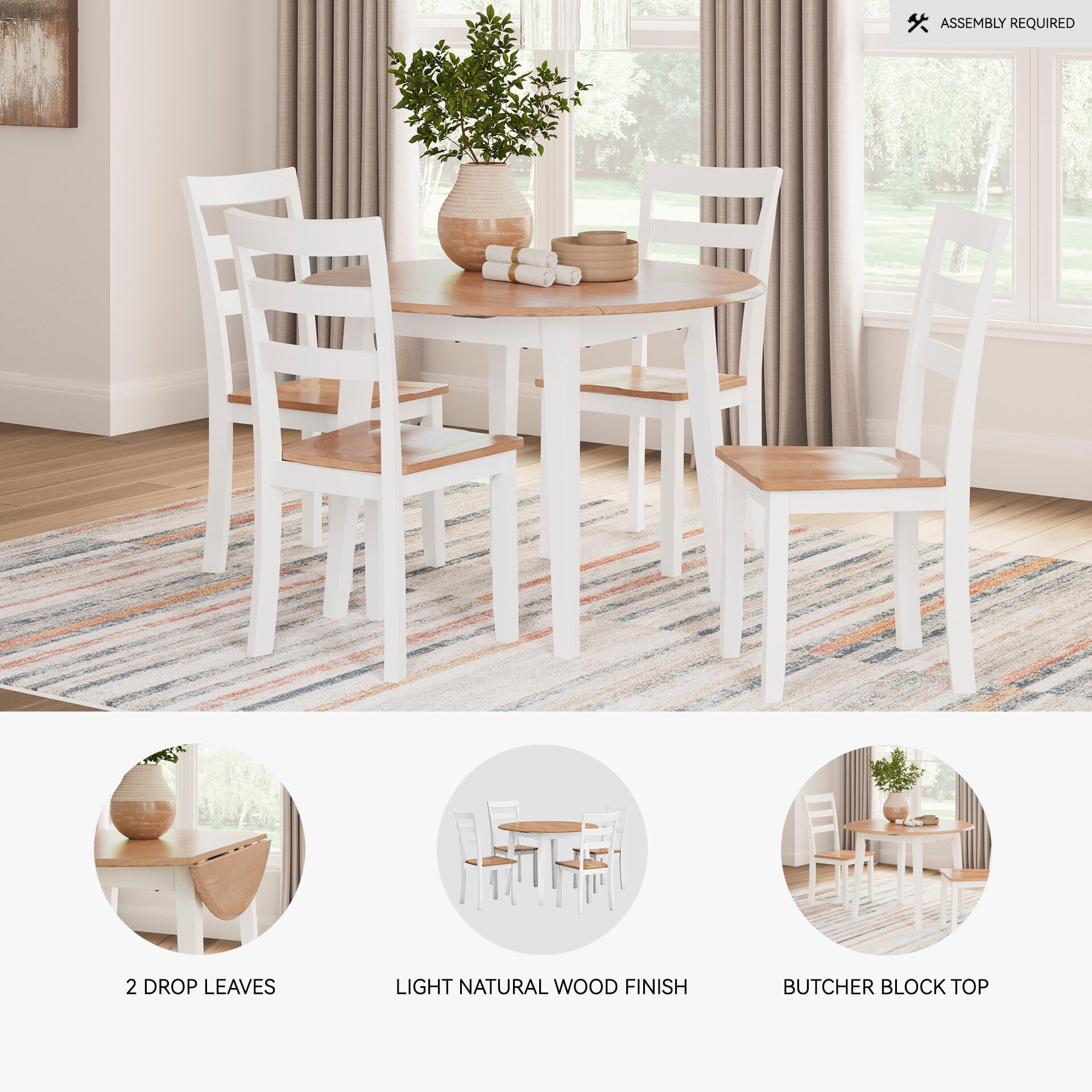 Signature Design by Ashley Gesthaven Round Drop Leaf Dining Table – Natural Wood & White Base, Space-Saving, Contemporary Kitchen & Dining Room Table