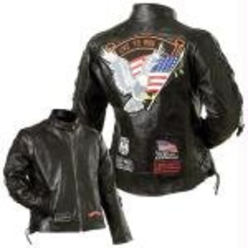 Women's Black Leather Motorcycle Biker Jacket Coat with Patches Live to Ride USA 