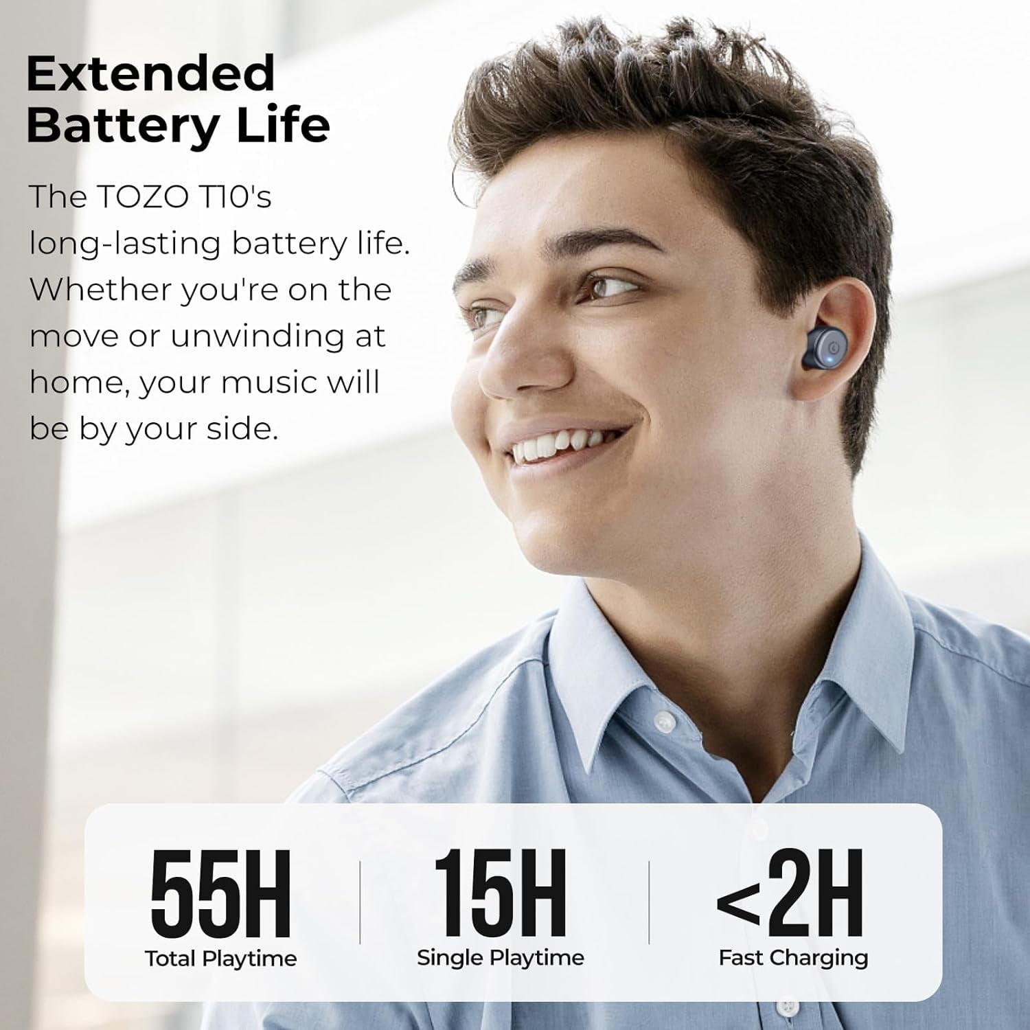 TOZO T10 Earbuds Wireless Bluetooth Headphones, 55H, Stereo Bass, App Customize 32 EQ, Wireless Charge, IPX8 Waterproof, 100+ White Noise Tracks, Ergonomic Design, Blue