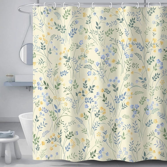 Wildflower Shower Curtain for Bathroom, Country Floral Green Leaf Plant Blue and Beige Bath Curtains, Rustic Plants Polyester Fabric Waterproof Bathtub Decor with Hooks 72X84