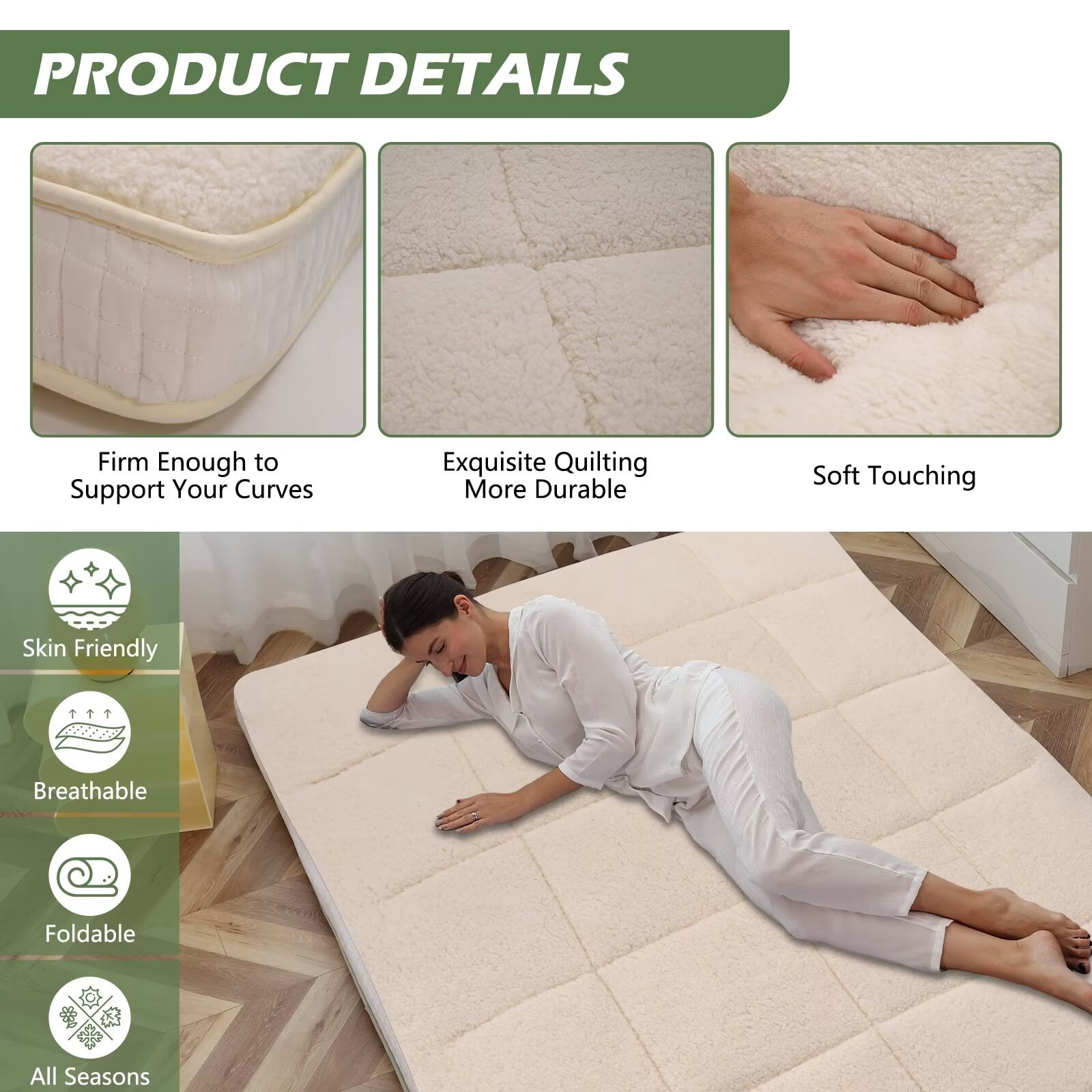 MOPHOTO Upgraded Extra Thick Floor Mattress with Storage Bag,Japanese Futon Mattress,Folding Sleeping Padded Futon Mattress Portable Camping Mattress,Beige,Twin