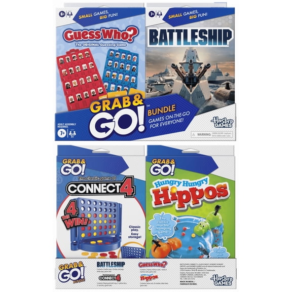 Hasbro Grab and Go! Travel Board Games Bundle, 4-Pack (Battleship, Guess Who, Connect 4 & Hungry Hippos)