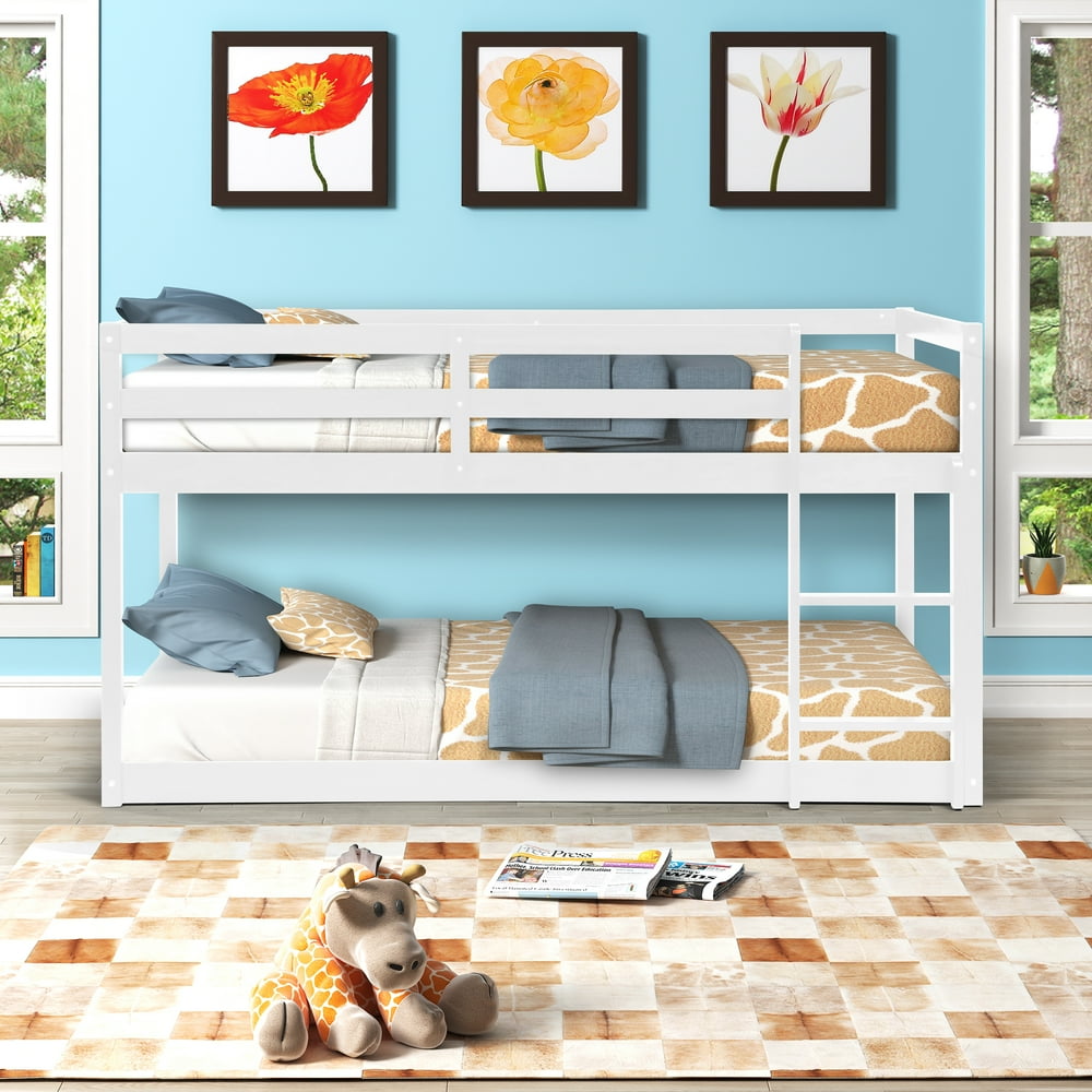 Kids Wood TwinOverTwin Bunk Bed, Low Twin Floor Bunk Bed Frame with FullLength Guard Rails