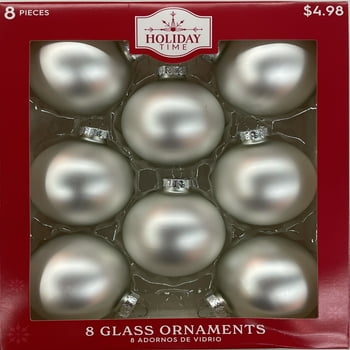 Holiday Time Solid Glass Ball Christmas Ornaments, 2 5/8" (67MM), 8 Count, Boxed Glass, White Satin