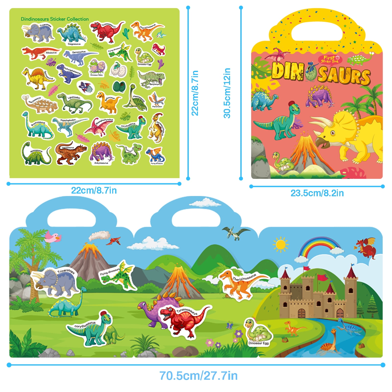 Side by Side Dinosaur Books for Kids 3-5 with 500+ Dinosaur Stickers for  Kids 2-4 + 12 Scenes