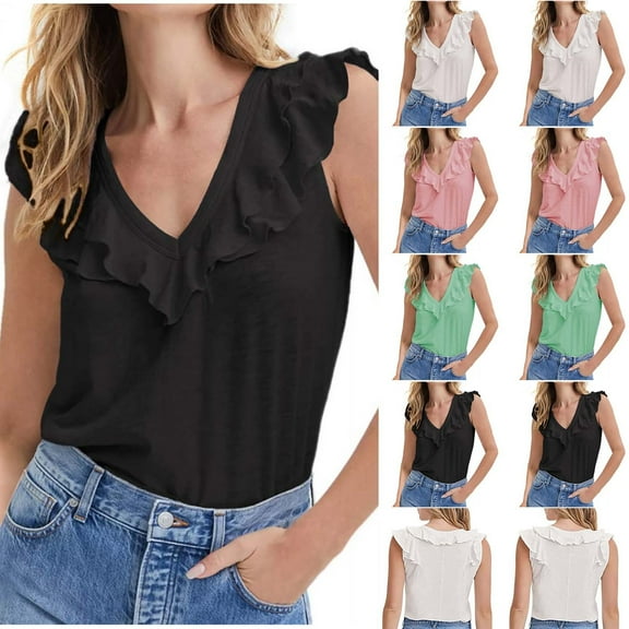 HAPIMO Women's Ruffle Pleated Tank Tops Trendy Summer Beach Tees Sleeveless Fitness V Neck Shirts Workout Casual Elegant Tops Solid Color Cotton for Teen Girls Black