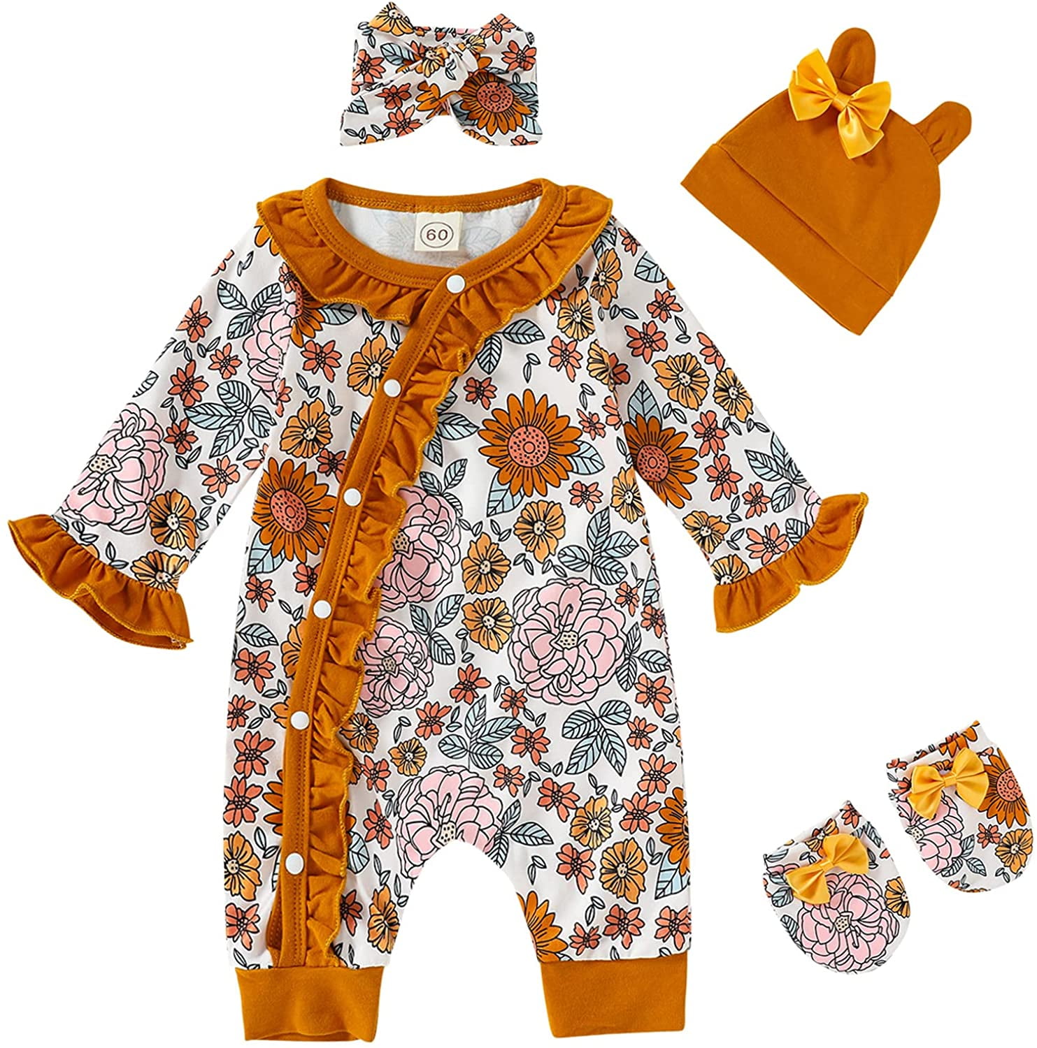 Viworld Newborn Baby Girl Floral Romper Long Sleeve Ruffle Jumpsuit+Hat+Headband+Gloves Coming