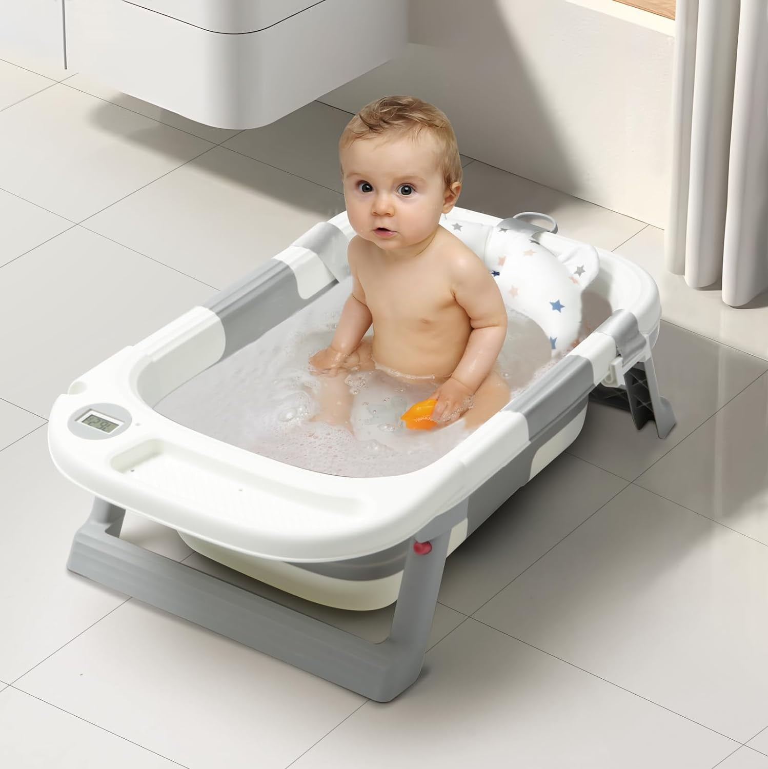 PandaEar Baby Bathtub, Collapsible Baby Infant Bath Tub Toddler Bathtub with Soft Cushion & Thermometer -Gray
