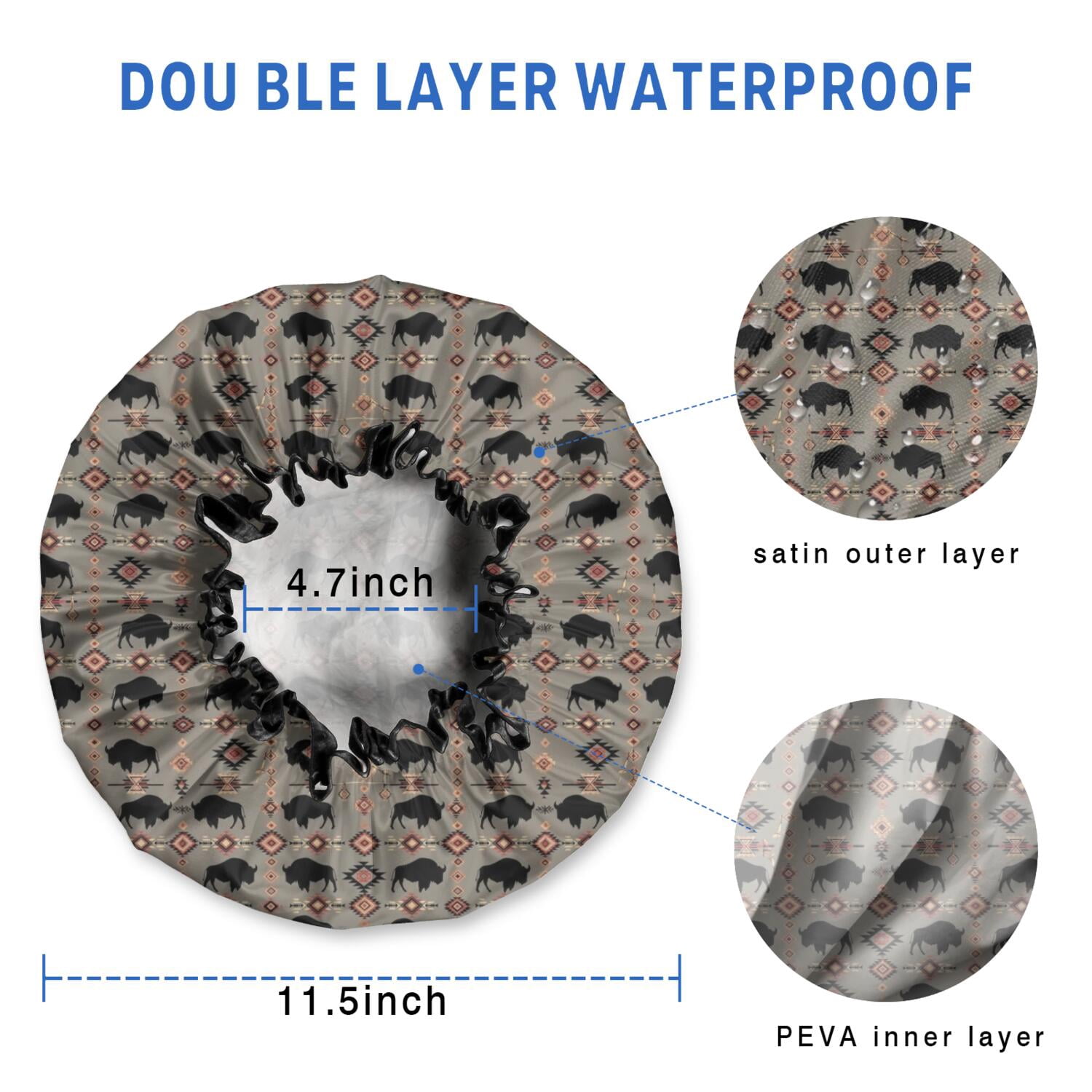Shower Caps,Gray Buffalo Geometric Pattern Waterproof Shower Cap for Women 4 Pieces,Double Reusable Hair Cover for Shower PEVA Elastic Stretch Hem