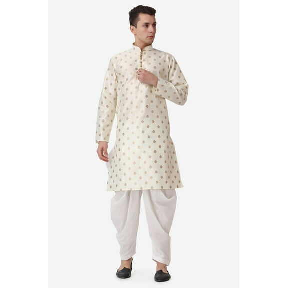 Royal Kurta Elegant Gold Jacquard Silk Printed Long Kurta and White Salwar for Men