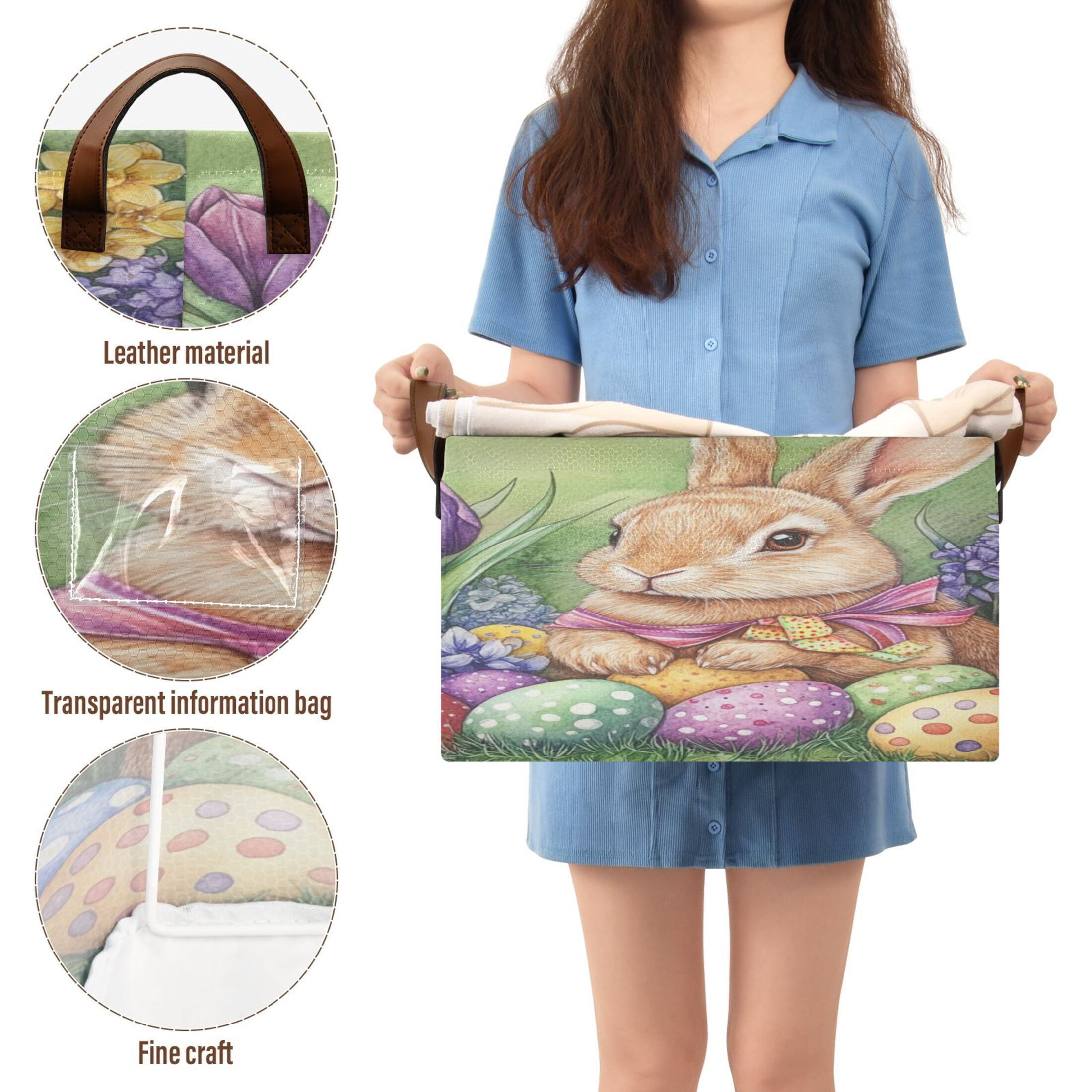 WOBOGO Easter Orange Bunny Storage Basket 16.9×11.4×10in Collapsible Oversized with Metal Iron Frame Set of 1
