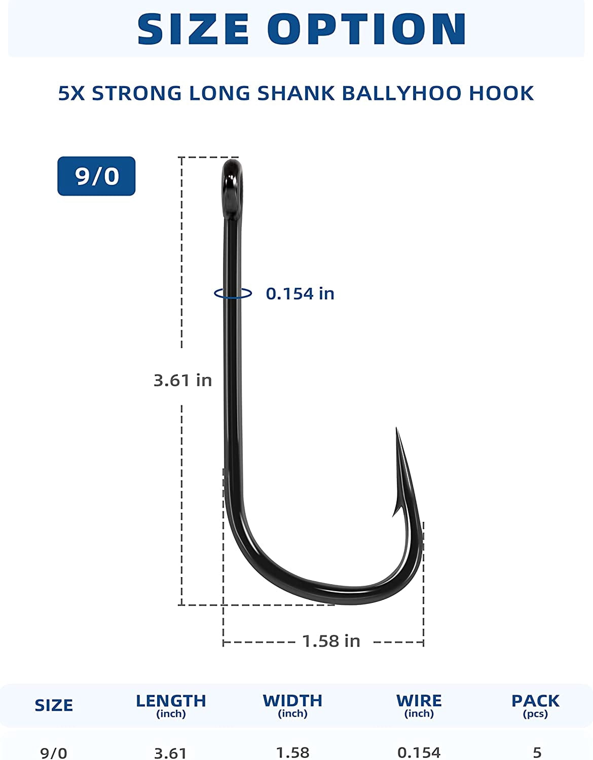 BLUEWING 5X Strong Long Shank Ballyhoo Hooks 5pcs Needle Point Fishing Hooks High Carbon Steel Hooks Extra Sharp Fish Hooks for Freshwater Saltwater Fishing 9/0