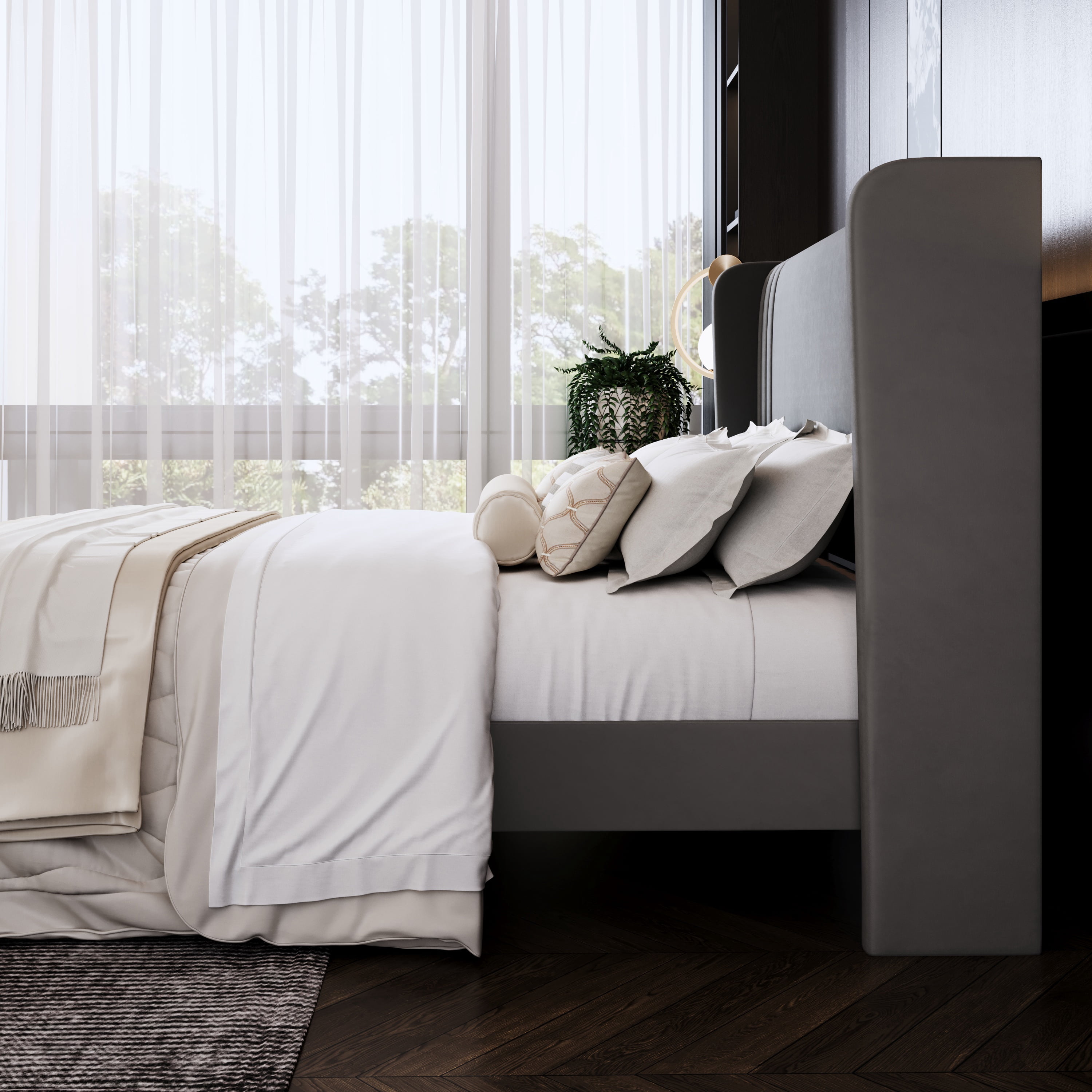 Amolife King Size Bed Frame, Velvet Platform Bed with Upholstered Wingback Headboard, No Box Spring Needed, Gray