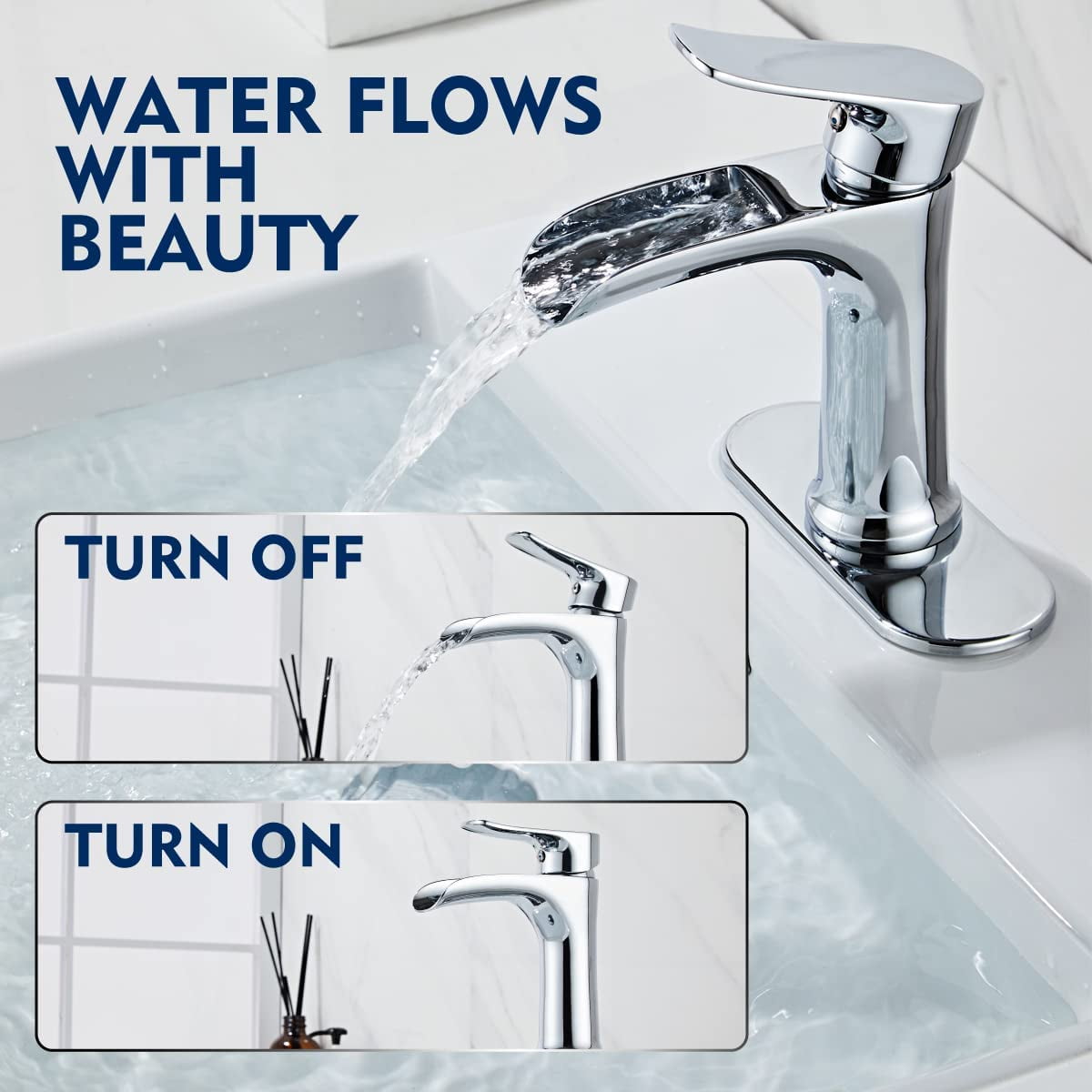 Chrome Bathroom Faucet,Yundoom Waterfall Bathroom Faucet Chrome,Pop Up Drain Bathroom Sink Faucet,Single Handle Bathroom Faucets,Faucet for Bathroom Sink Silver,Vanity Farmhouse Bathroom Faucet