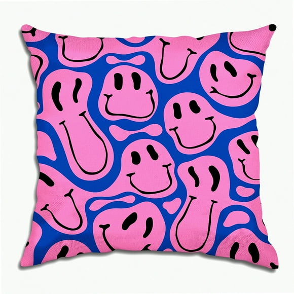 Smile Face Decorative Pillow Cover 18X18 Inch - Cute Throw Pillow Case for Home Sofa Couch - Pink Blue Smile Pillowcase - Happy Decor