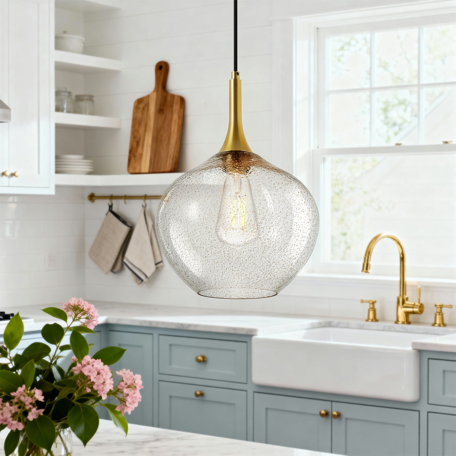 NATYSWAN Vintage Single-Light Chandelier with Glass Shade, E27 Socket Flush Mount Ceiling Light for Bedroom, Hallway, Entryway, 11 Inch Wide（Bulb Not Included）