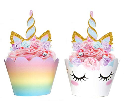 Unicorn Cupcake Toppers & Wrappers Rainbow Birthday Party Cake Decorations New 