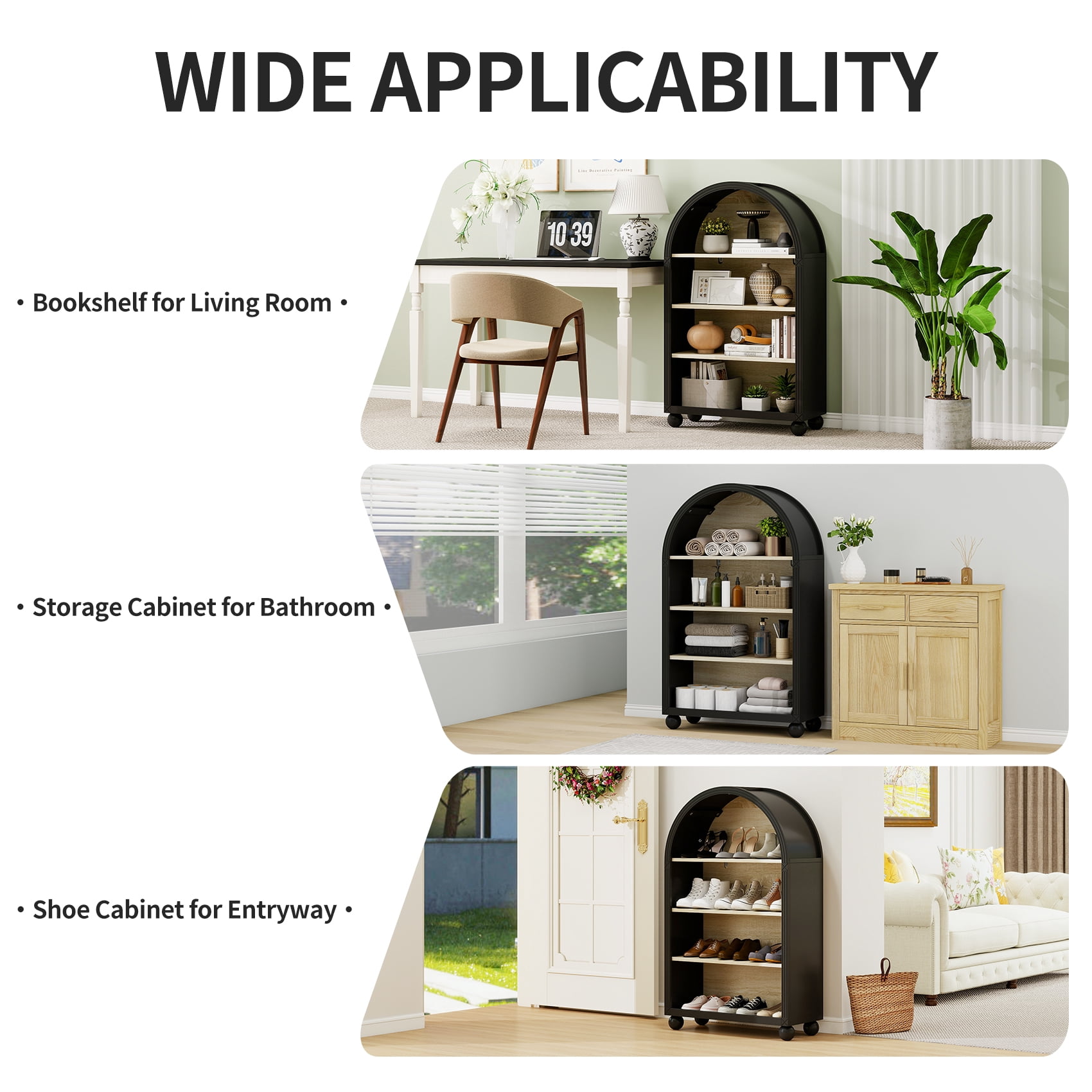 4-Tier Storage Cabinet with Carved Edges, MDF Bookcase with Black Metal Frame & Hand-Painted Finish, Freestanding Display Shelf for Living Room, Study, or Office (70.5X30X116 cm)