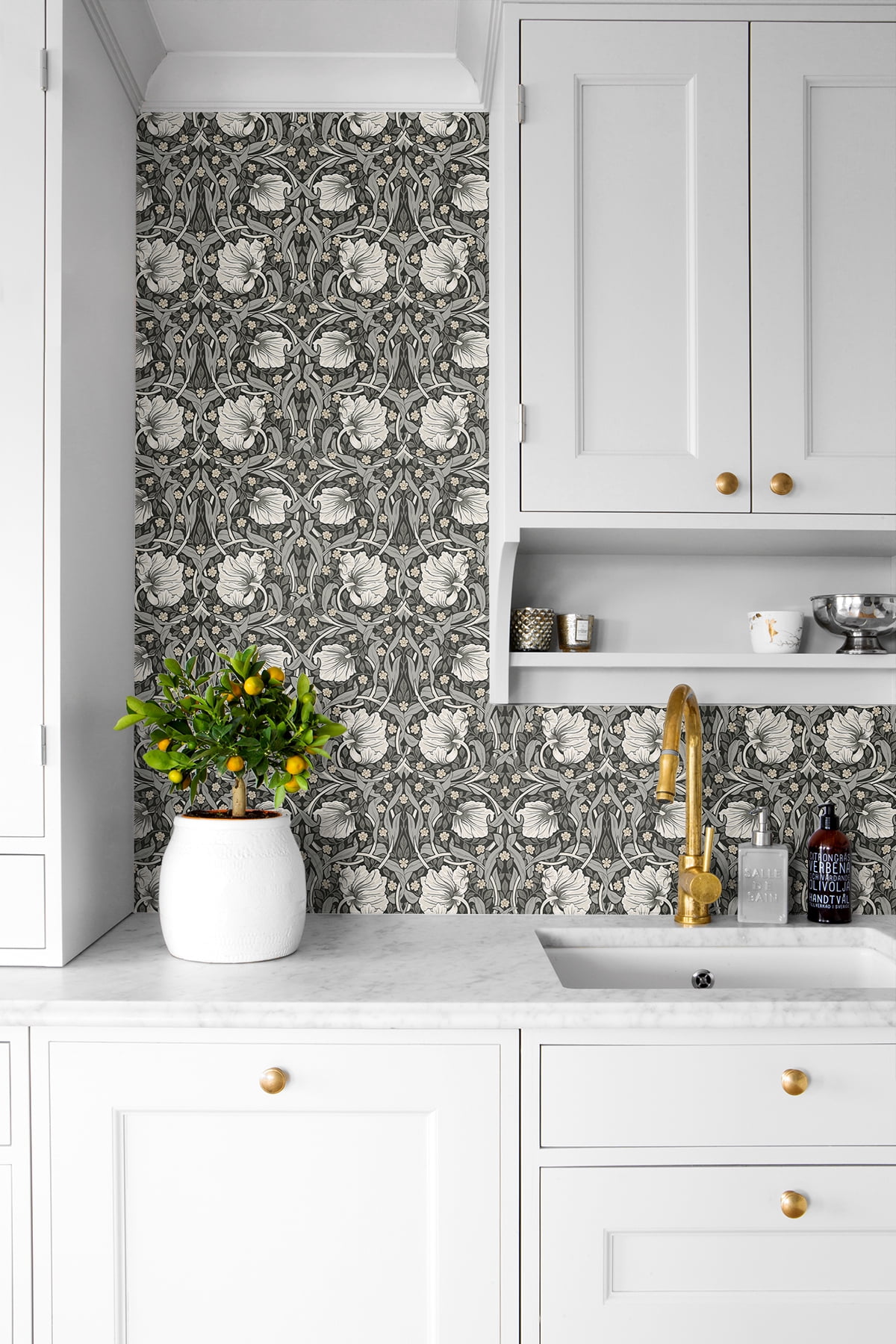 NextWall Charcoal & Pearl Grey Pimpernel Floral Peel and Stick Wallpaper