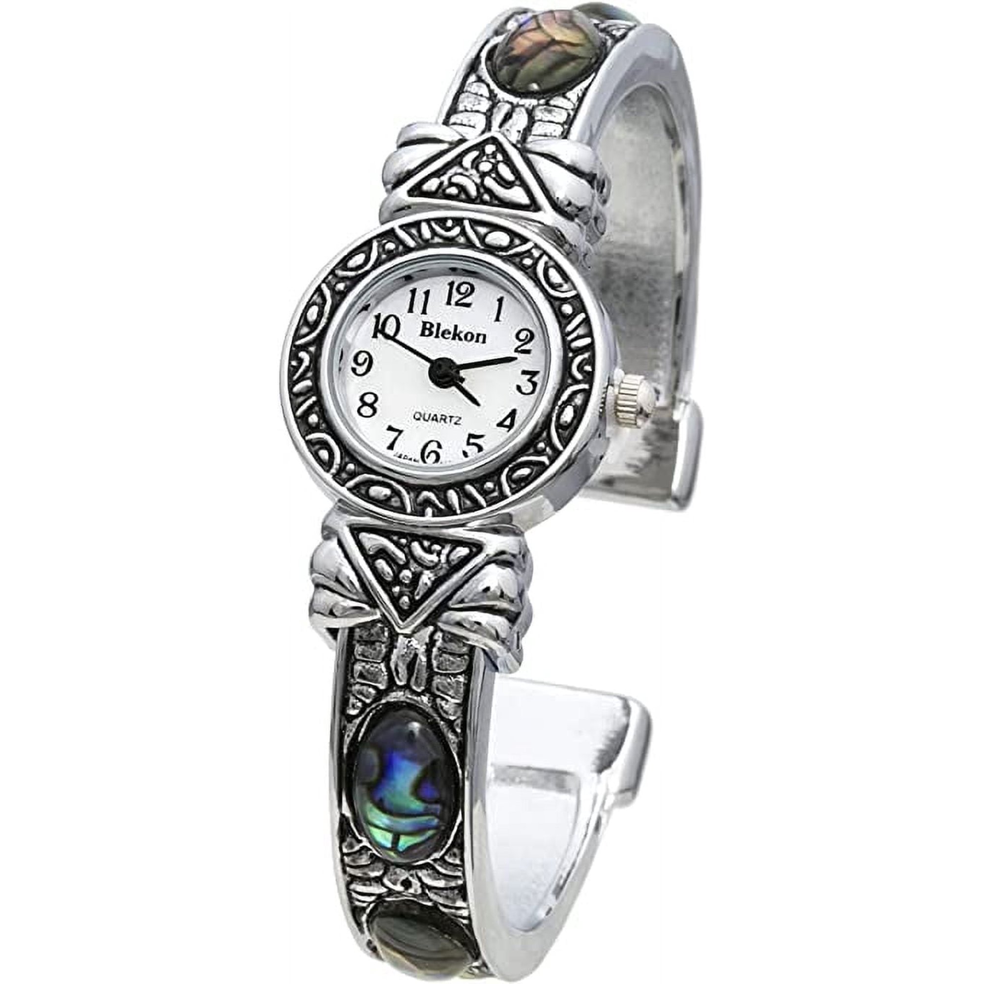 Blekon Collections Womens 22mm Case Graved Stones Large Cuff Bangle Watch (Fits Wrists Up to 7-8 inches)