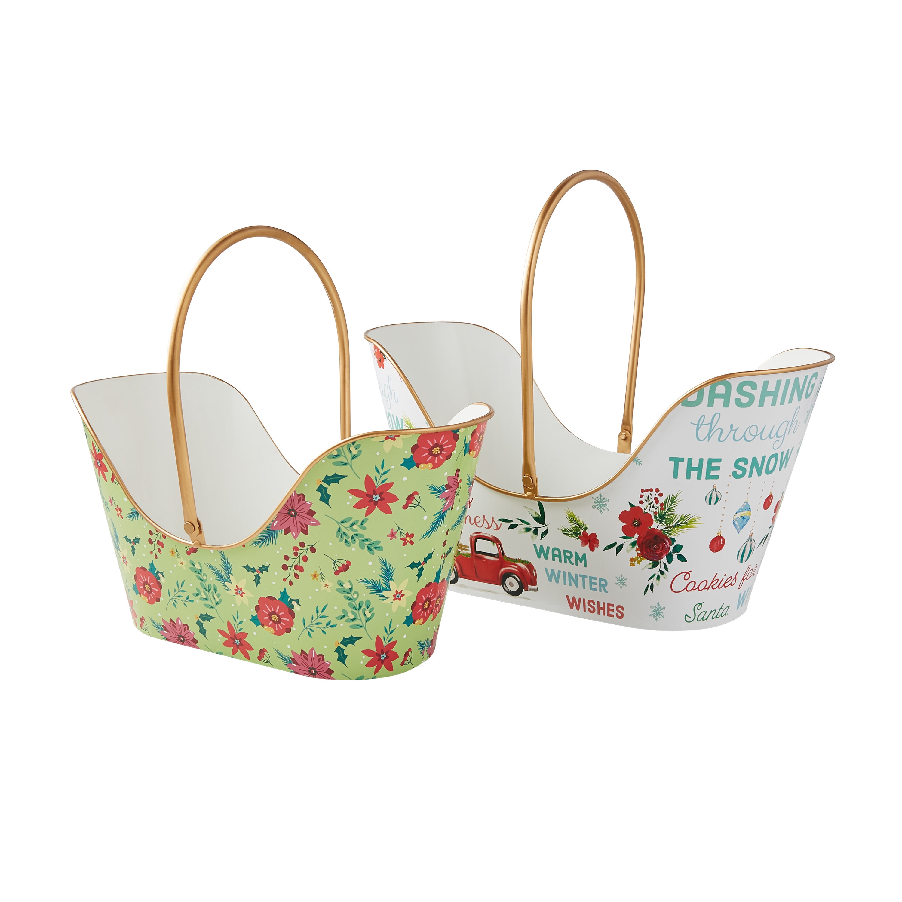 The Pioneer Woman 2-Piece Holiday Metal Baskets Set, White and Green