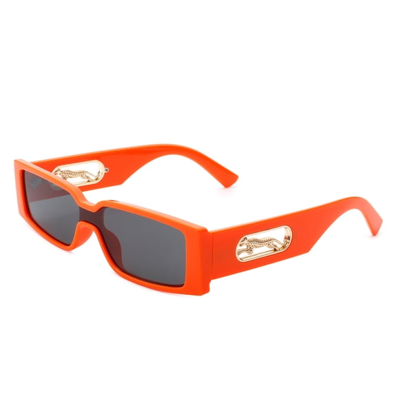 Trendy Orange Narrow Rectangle Sunglasses, Gold Leopard Decor UV Protection Fashion Shades for Women Men Outdoor Daily Wear