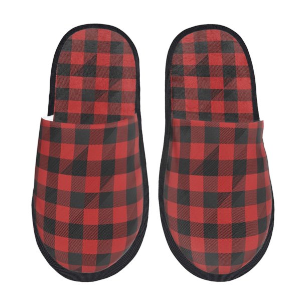 Balery Red Black Plaid Pantuflas de Casa de Felpa Silenciosas con Diseño Estampado, Zapatillas Cómodas Antideslizantes de Algodón para Interior-Medium