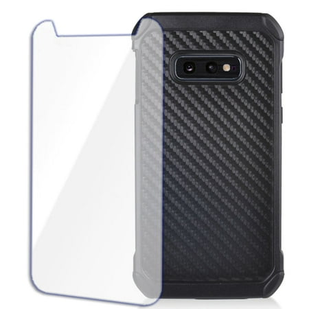 Carbon Fiber Phone Protector Case - MUNDAZE Samsung Galaxy S10e Black Tough Anti-Shock Carbon Fiber Phone Case Tempered Glass Screen Protector