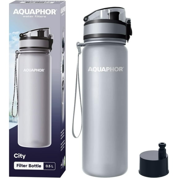 AQUAPHOR City Bottle 500ml Grey| Travel Water Bottle with Activated Carbon Filter | Filters Chlorine & Impurities | Made of Tritan & BPA-Free | Stay Hydrated On The Go!