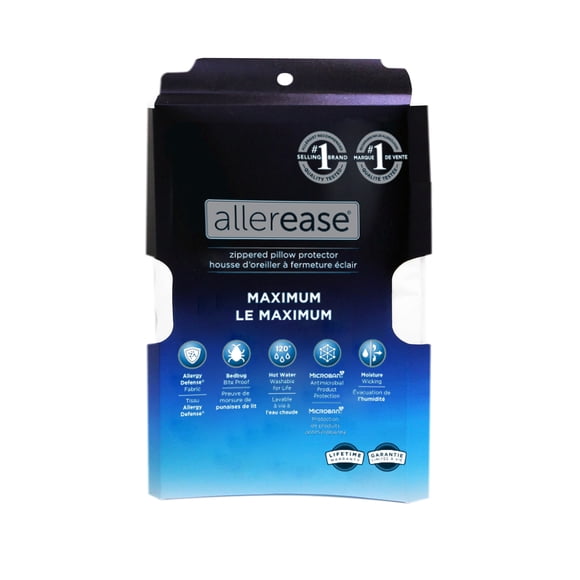 AllerEase Maximum Protège-oreiller housse, Queen – À glissière, barrière contre les allergènes et les punaises de lit