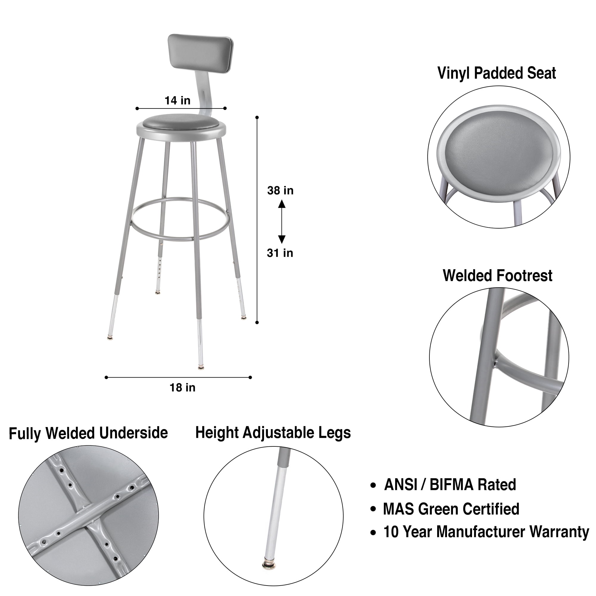 Hampden Furnishings Otto 32"-39" H Adjustable Vinyl Padded Stool with Backrest, Grey, 2 PK