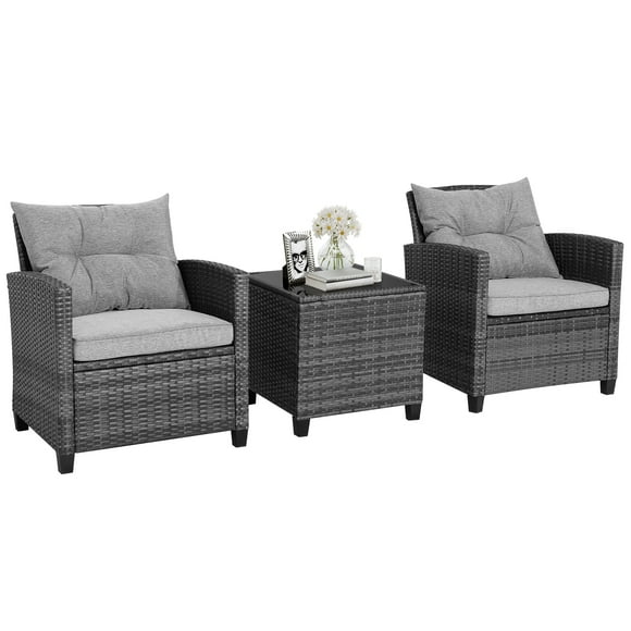 Patiojoy 3 Pieces Outdoor Furniture Set Patio PE Rattan Conversation Set with Removable Cushions PE Wicker Sofas with Tempered Glass Side Table