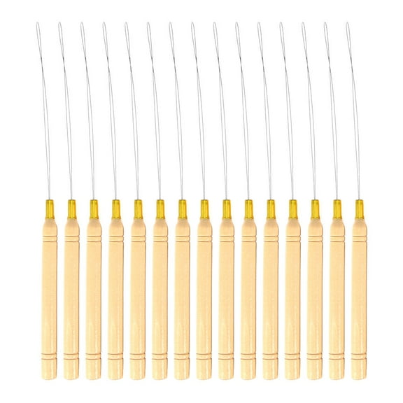 LEORX 15Pcs Wooden Handle Hair Extension Threader Needle with Metal Hook Suitable for Micro Rings and Braids
