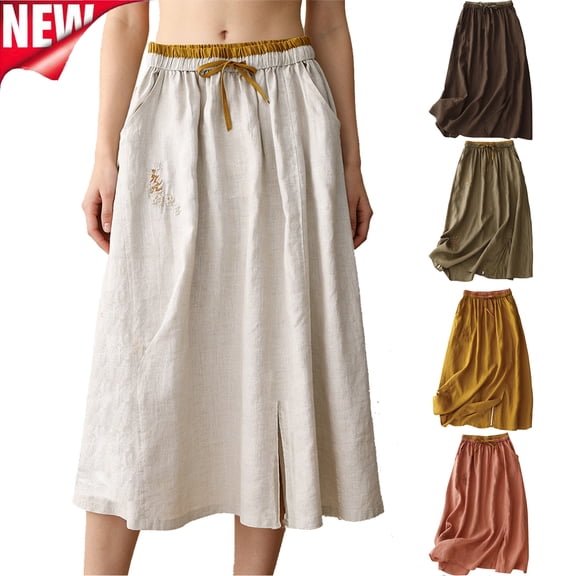 Tqyyweavej Linen Skirts for Women Drawstring Side Slit Solid Color Midi Skirt Flowy Elastic Rise Skirt with Pockets M-2XL
