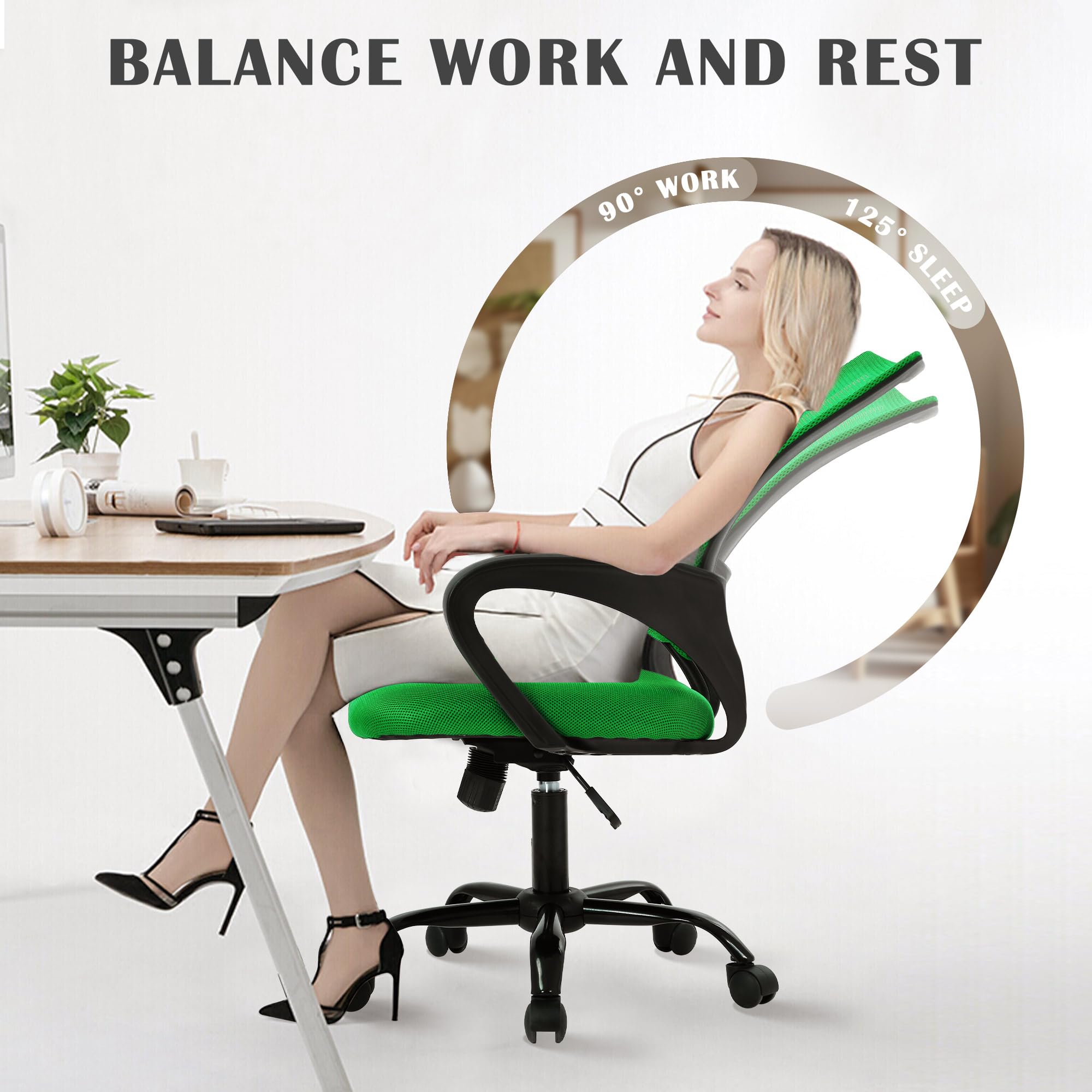 CL.HPAHKL Ergonomic Office Chair Set of 2, Mesh Computer Desk Chair with Mid-Back Support & Armrests, Adjustable Height Swivel Task Chair for Home Office, Study, Gaming, Green