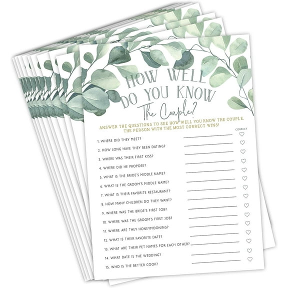 Eucalyptus Bridal Shower Games and Activities (How Well Do You Know The Couple), 50 Cards Included