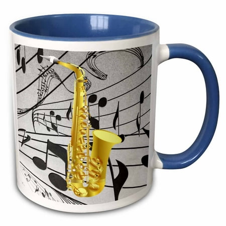 

3dRose Gold Sax On Music Notes - Two Tone Blue Mug 11-ounce