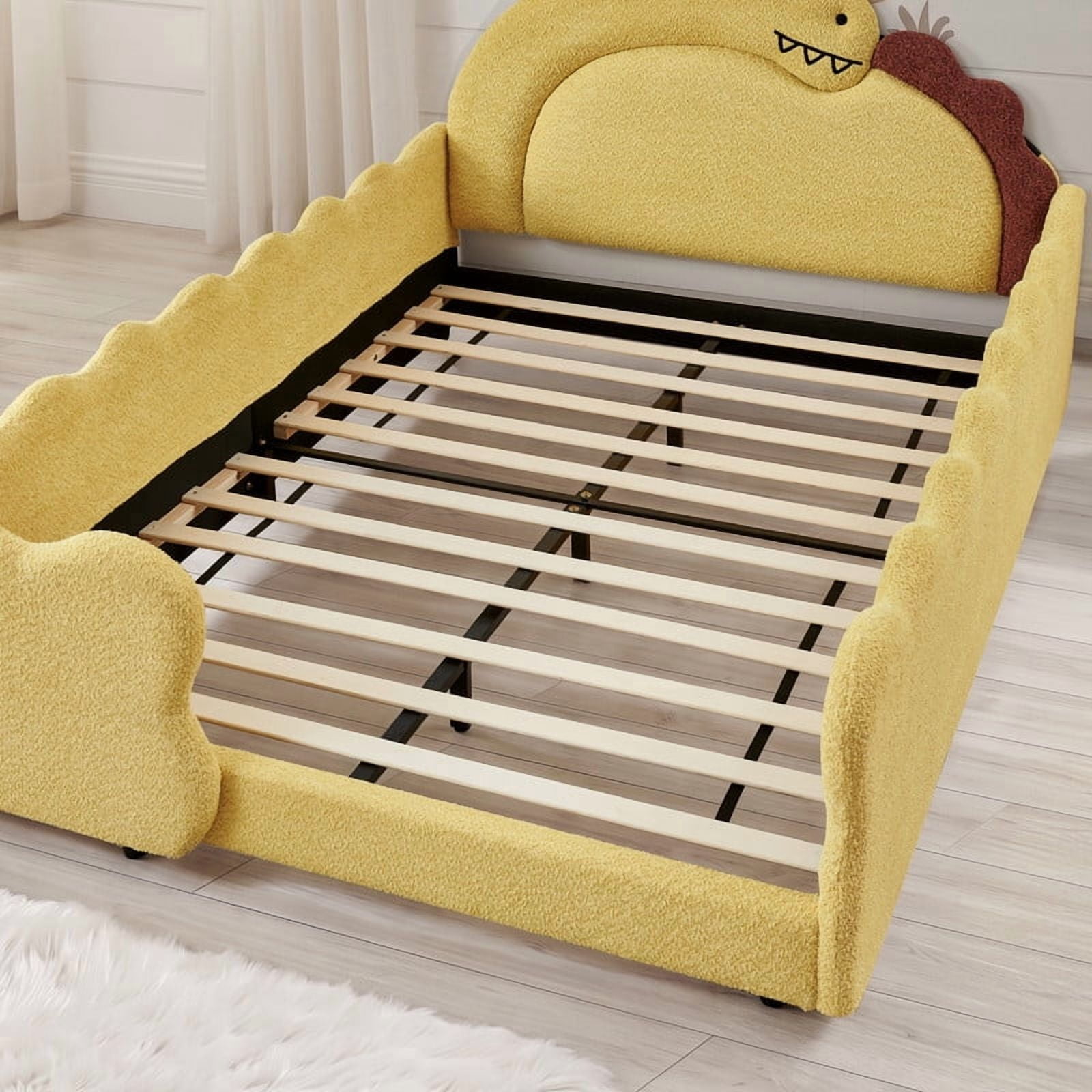 Full Size Kids Dinosaur-Shaped Platform Bed with Guardrails, Low-Profile Upholstered Boucle Fabric Playful Child Daybed Frame